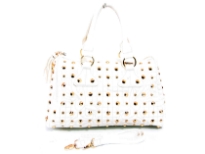 Faux leather Metal Eyelets studded double handle bag. Top zipper closing, adjustable shoulder strap included.