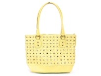 Faux Leather Metal eyelets studded double handle bag. Top zipper closing, Center divider.