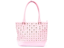 Faux Leather Metal Eyelets studded double handle Bag. Top zipper closing, center divider.