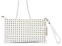 Faux leather rhinestones studded clutch bag. Top zipper closing. Back outside zipper pocket. Wrist strap and metal shoulder chain included.