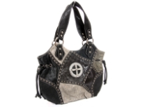 Patch work Cross double handle bag. Top zipper closing. Center divider. Back zipper pocket.