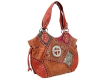 Patch work Cross double handle bag. Top zipper closing. Center divider.Back zipper pocket.
